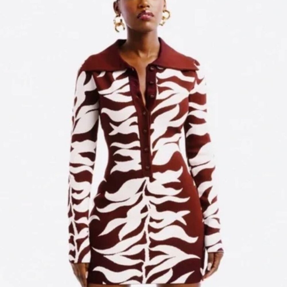 Hanifa Burgundy Long Sleeved Collared Mini Dress
